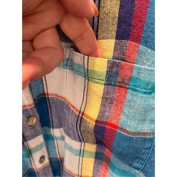 Chico’s Design Women’s Plaid Linen Button Down Shirt Sz 12 (Chico Sz 2) Blue - Picture 4 of 9